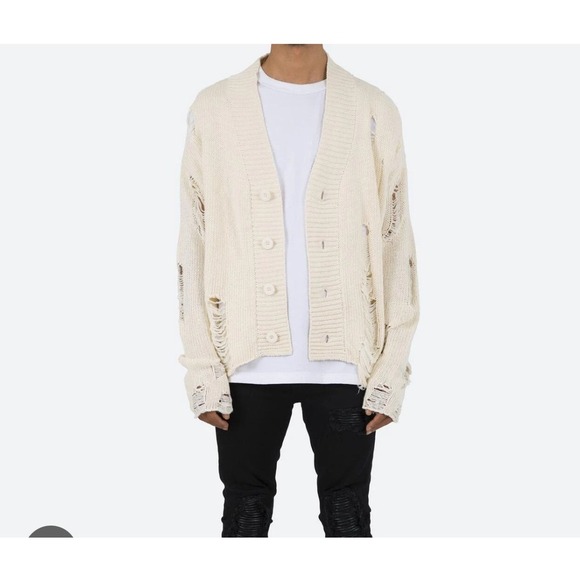 MNML‎ Distressed Knit Cardigan Sweater Cream Large Button Front Men nwt
